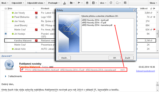 Otevírání příloh z náhledového panelu